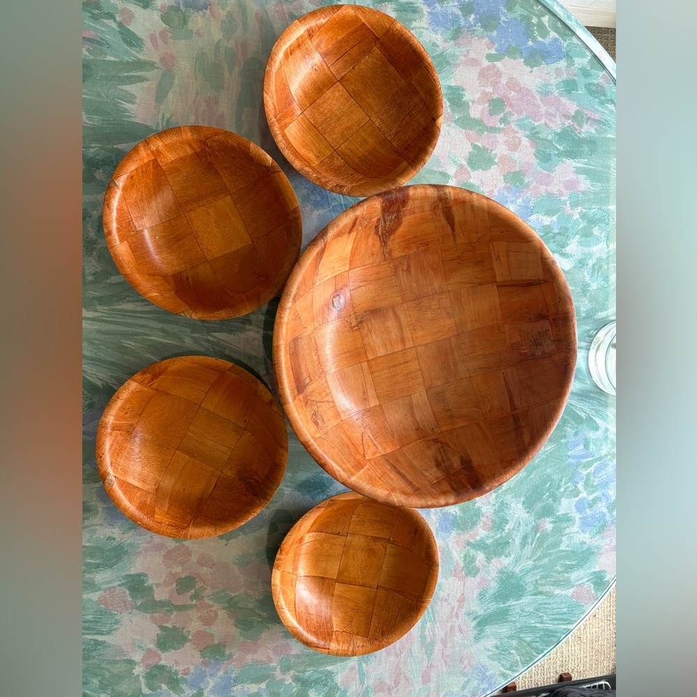 1970’s Weaved Wood 14” Salad Bowl with 4 - 8” bowls